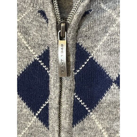 GANT 100% Wool Gray Navy Argyle Zip Cardigan Sweater - Made in Italy - Picture 5 of 11